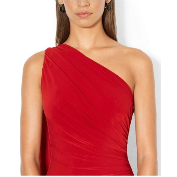Lauren Ralph Lauren One Shoulder Gown 16 Red Draped Ruched Formal Evening Dress - Picture 4 of 14